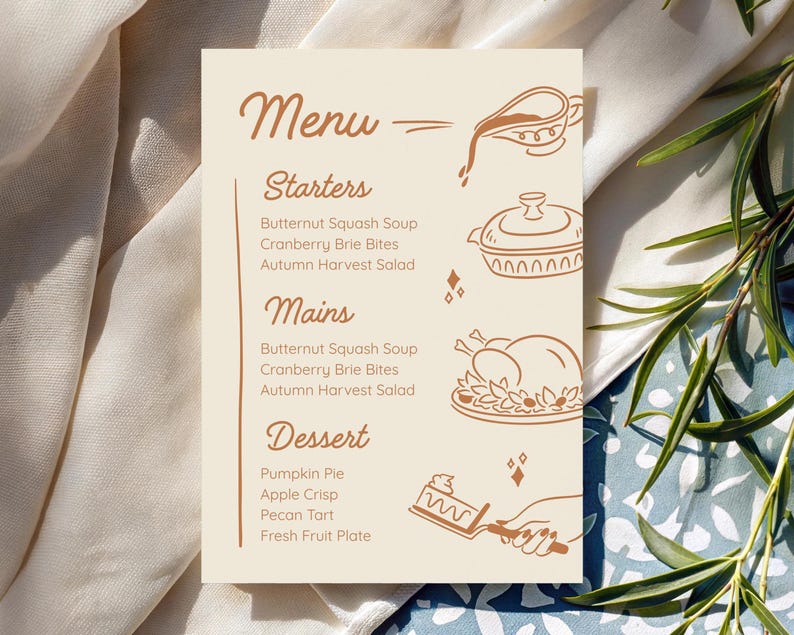 May include: A beige menu card with brown text and illustrations. The menu includes starters, mains, and dessert options. The illustrations include a gravy boat, a covered dish, a roasted turkey, and a pie server.