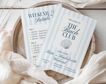 The Bach Club Bachelorette Invitation and Weekend Itinerary, Coastal Beach Theme Invite, Editable Canva Template, Digital Download