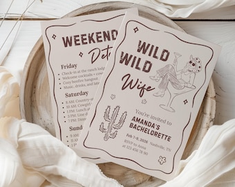 Wild Wild Wife Bachelorette Invitation, Western Cowgirl Bach Weekend Template, Editable Rustic Country Party Itinerary (Canva Design)