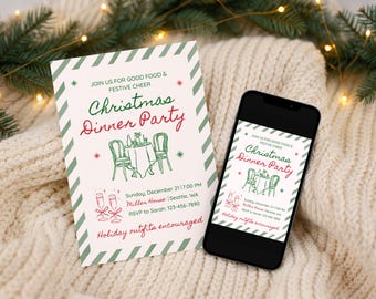 Christmas Dinner Party Invitation Template, Whimsical Hand-Drawn Holiday Invite, Cozy Family Celebration Card, Editable Canva Design