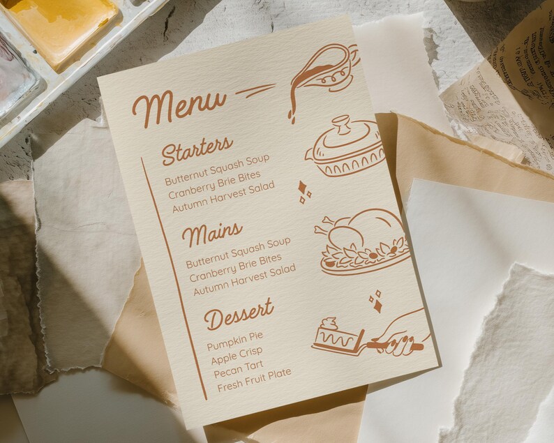 May include: A beige menu card with brown text and illustrations. The menu includes starters, mains, and dessert options. The illustrations include a teapot, a covered dish, a roasted turkey, and a hand holding a pie server.