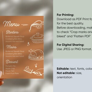 May include: A menu card with a warm orange background and white text and illustrations. The menu lists starters, mains, and desserts, with dishes like butternut squash soup and pumpkin pie. The card also provides printing and sharing instructions.