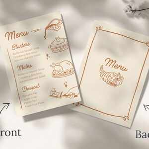 May include: Two-sided menu card with a cream background and brown text and illustrations. The front side lists starters, mains, and dessert options. The back side features the word "Menu" and a cornucopia illustration.