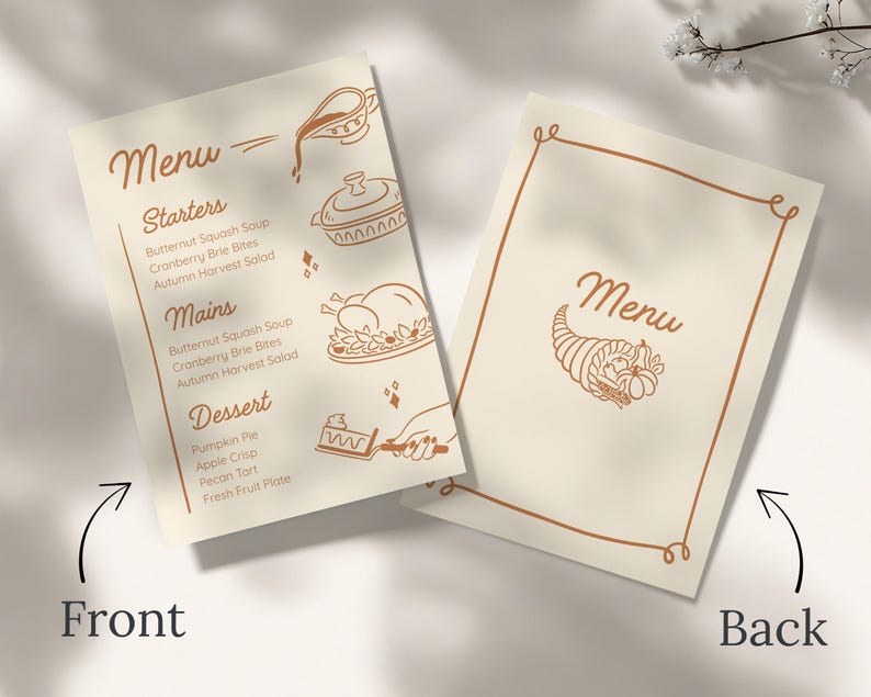 May include: Two-sided menu card with a cream background and brown text and illustrations. The front side lists starters, mains, and dessert options. The back side features the word "Menu" and a cornucopia illustration.
