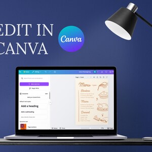 May include: A laptop displaying a menu template in Canva, with the text "EDIT IN CANVA" above. A black desk lamp is to the right. The Canva logo is a purple and blue circle.