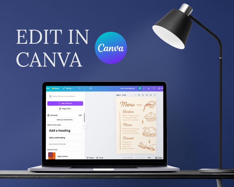May include: A laptop displaying a menu template in Canva, with the text "EDIT IN CANVA" above. A black desk lamp is to the right. The Canva logo is a purple and blue circle.