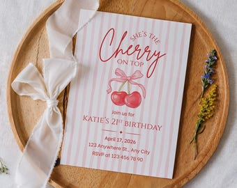 Cherry On Top Birthday Invitation Template, Editable Canva Evite, Sweet Cherry Theme Party Invitation, Bow Cherry Printable Download
