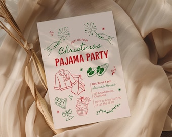 Uitnodiging kerstpyjamafeest, Friendsmas Girls Night In, Winter Sleepover Party afdrukbaar (canva)