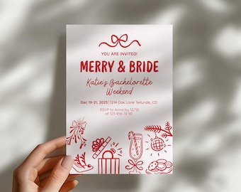 Merry & Bride Bachelorette Invitation Template, Christmas Bach Weekend Itinerary, Holiday Bridal Party Invite, Editable Canva Download