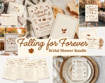 Fall Bridal Shower Bundle Canva Template, Editable Autumn Invitation Games Menu Welcome Sign, Falling for Forever Printable