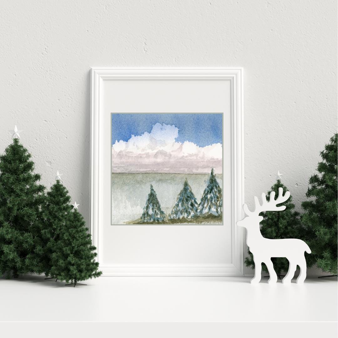 Winter Landscape Print | Snowy Pines Wall Art | Blue Sky Watercolor ...
