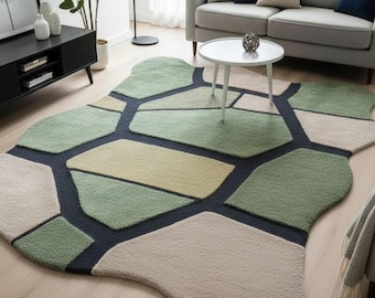 Green Abstract Area Rug: Geometric Pebble Pattern, Sculpted Pile