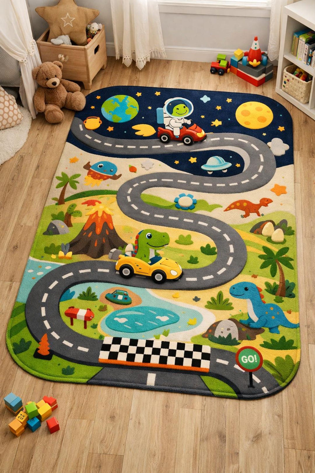 Kid Racetrack Rug Colorful Kids Play Rug With Road Track, Dinosaurs Space Theme & Cars ...