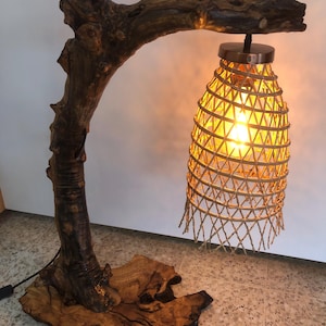 Tischleuchte aus Olivenwurzel und Weidenkorb | Große Tischleuchte aus Olivenholz, rustikale Küsten-Dekoration, einzigartiges Kunsthandwerksgeschenk