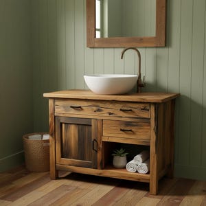 Può includere: Un mobile da bagno in legno rustico con un lavabo bianco da appoggio e un rubinetto alto in bronzo. Il mobile include un cassetto superiore, un cassetto laterale, un'anta con maniglia nera e un ripiano aperto con tre asciugamani bianchi.