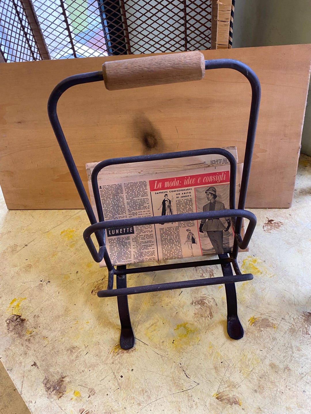 Iron Table Magazine Rack Wrought Iron Magazine Rack With Wooden Handle -W.25 H.50 D.23- - Etsy