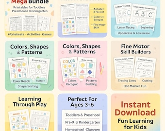 Kids Learning Mega Bundle | Preschool & Kindergarten Activities, Worksheets and Games | Toddler Homeschool Educational PDF