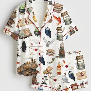 Wizard School Owl Pajama Set, Magic Wand Book Potion PJs, Hand Drawn Wizard Owl Sleepwear, Fantasy Book Lover Pajamas, Unisex Gift Lounge
