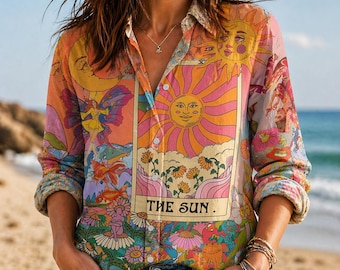 Look Sun Patchwork Shirt for Women, Boho Colorful Button Down Blouse, Artistic Hippie Top, Retro Sunburst Shirt