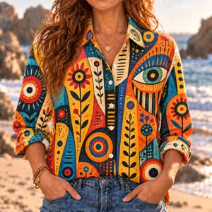 May include: A long-sleeve button-down shirt featuring a vibrant, multicoloured abstract pattern. The design includes stylised floral motifs, geometric circles, and eye shapes in shades of yellow, orange, blue, and red. The shirt has a collar.