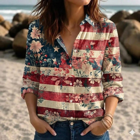 USA Floral Flag Shirt, Patriotic Button Down, Women Summer Top, Casual USA Print Blouse, Boho Button Up Shirt, 4th of July Outfit