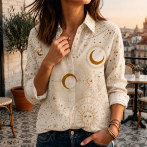 Look Sun-skjorta för kvinnor, bohemisk färgglad blus med knappar, konstnärlig hippietopp, retro sunburst-skjorta