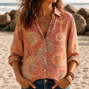 Vintage Boho Seashell Shirt, Ammonite Fossil Button Down Shirt, Coastal Beach Blouse, Ocean Print Long Sleeve, Vacation Gift