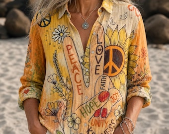 Retro Peace Sign Blouse Blend Blouse, Boho Sunflower Shirt for Women, Hippie 70s Button Down Top, Inspirational Positive Quote Clothing