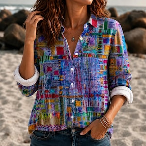 Pode incluir: Uma camisa de manga comprida com botões, apresentando um padrão de patchwork abstrato multicolorido e vibrante em tons de azul, roxo, amarelo e vermelho. A camisa tem um colarinho clássico, botões brancos e punhos enrolados com textura.