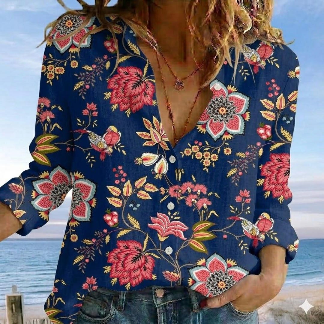 Boho Floral Linen Shirt, Women Summer Button Down, Long Sleeve Flower ...