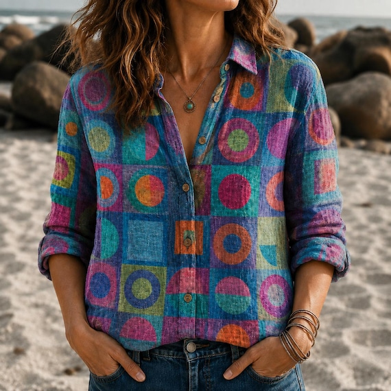 Colorful Patchwork Printed Blouse Women, Casual Top, Boho Shirt, Hippie Shirt, Button Up Shirt, Summer Shirt, Women Shirt, Gift For Her