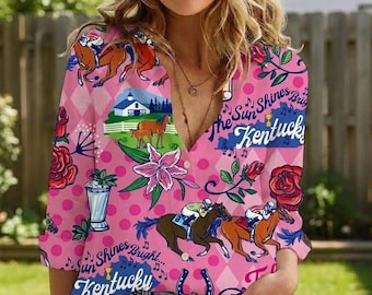 Talk Derby To Me Shirt - Kentucky Derby Day Floral Blouse - Women's All Over Print Horse Racing Top - Pink, Blue, White Linen Look Shirt