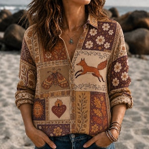 Boho rävlappskjorta, blus med blommig knappning från mal, skjorta med folkkonst i skogsmiljö, botanisk hösttopp, present till henne i cottage-stil