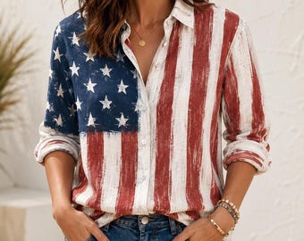 Vintage 4th of July Women's Linen Shirt, Retro USA Flag Fireworks Blouse, Patriotic Independence Day Top, Red White Blue Summer Outfit Gift
