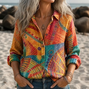 May include: A long-sleeved button-down shirt featuring a vibrant, multi-colored geometric pattern in shades of orange, yellow, red, and teal. The shirt has a classic collar, a front button placket, and a textured fabric finish with rolled cuffs.