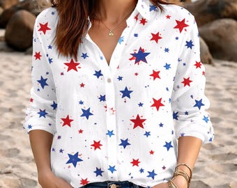4th of July Women's Shirt, Retro USA Flag Fireworks Blouse, Patriotic Independence Day Top, Red White Blue Summer Outfit Gift