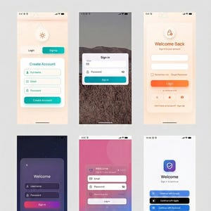 Pode incluir: Capturas de tela das telas de login e cadastro de um aplicativo móvel. As telas apresentam campos para inserir informações como nome completo, e-mail e senha. O aplicativo oferece opções para fazer login com Google, Apple e Facebook.