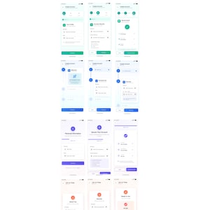 May include: Screenshots of a mobile app's account creation process. The screens are predominantly white with blue and green accents, detailing steps such as profile setup, security, and confirmation. The interface is clean and modern.