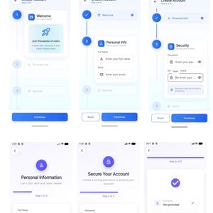 May include: Screenshots of a mobile app's account creation process. The interface is clean with a white and purple colour scheme. Steps include profile, security, and review, with fields for name, email, and password.