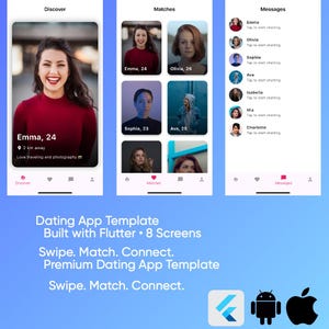 Pode incluir: Um design de interface de aplicativo móvel com três telas. A primeira tela mostra uma mulher com o texto "Emma, 24". A segunda tela exibe várias fotos de perfil. A terceira tela mostra uma interface de mensagens. O aplicativo é um modelo de aplicativo de namoro.