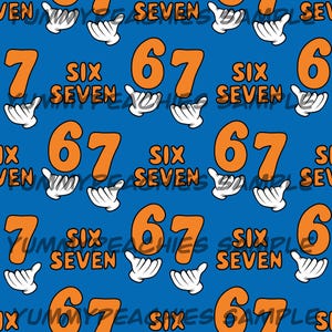 Könnte beinhalten: Ein sich wiederholendes Muster auf blauem Hintergrund mit den orangefarbenen Zahlen 7 und 67, den Wörtern "SIX" und "SEVEN" sowie weißen Cartoon-Händen. Der Text "YUMMY PEACHIES SAMPLES" ist ebenfalls vorhanden.