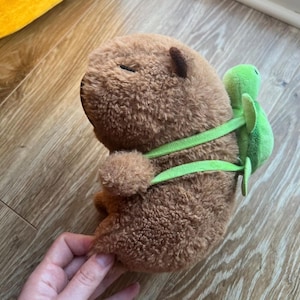 May include: A plush brown capybara toy with a small green turtle backpack. The capybara has a soft, textured fur appearance and closed eyes. The turtle backpack is attached with green straps.