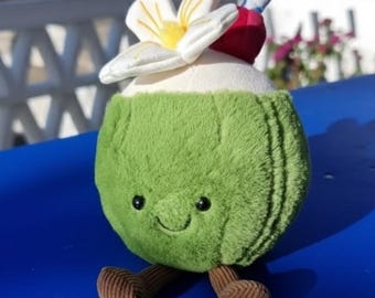 Kokosnoot knuffel – Tropische gevulde knuffel met bloem en rietje – Mini kokosnoot decor en cadeau