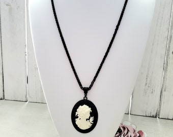Black Cameo Necklace, Long Pendant Necklace, Black Chain, Victorian Pendant, Victorian Gothic Jewelry, Vintage Style Cameo, Mother's Day