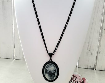 Black Cameo Necklace, Long Pendant Necklace, Black Chain, Victorian Pendant, Victorian Gothic Jewelry, Vintage Style Cameo, Gift For Her