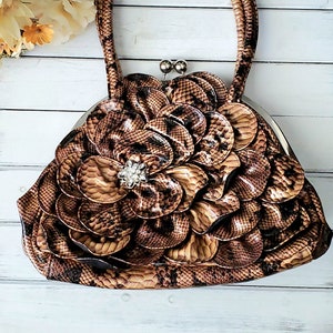 Vintage 80&#39;s Brown Animal Print Top Handled Handbag with Flower and Rhinestone Design