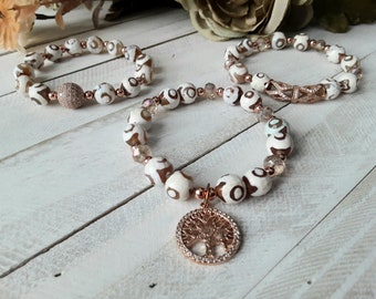 Agate Bracelet, Tibetan Agate, Pave Jewelry, Charm Bracelet, Rose Gold, Stacking Bracelets, Stretch Bracelets, Bohemian Jewelry, Evil Eye