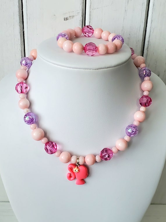 Pink Barbie Jewelry Set Girls Birthday Gift, Beaded Necklace