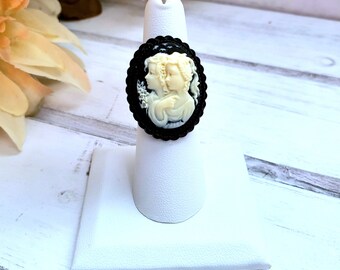 Victorian Gothic Cameo Ring, Black Antique Style, Adjustable
