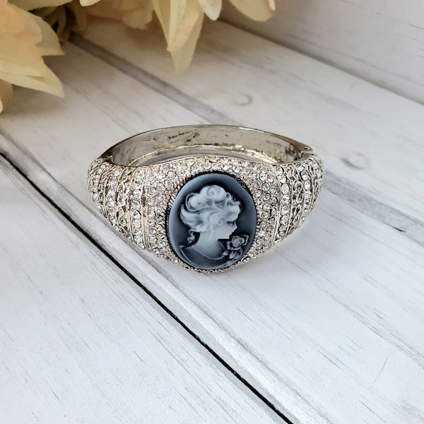 Vintage Silver Cameo Bangle, Retro Wedding Bracelet, Antique Style Gift for Her, 80's Jewelry